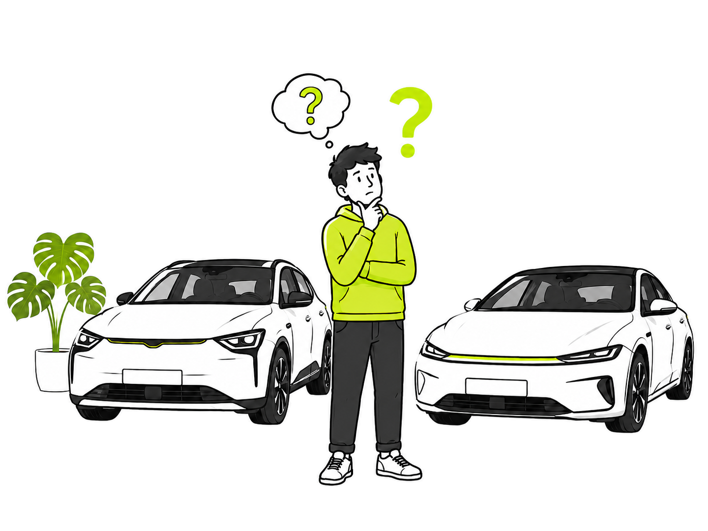 Confused EV buyer comparing two electric cars in a showroom